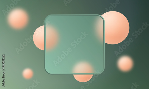 Glassmorphism square panel with peach spheres on dark green gradient abstract background for modern UI interface design