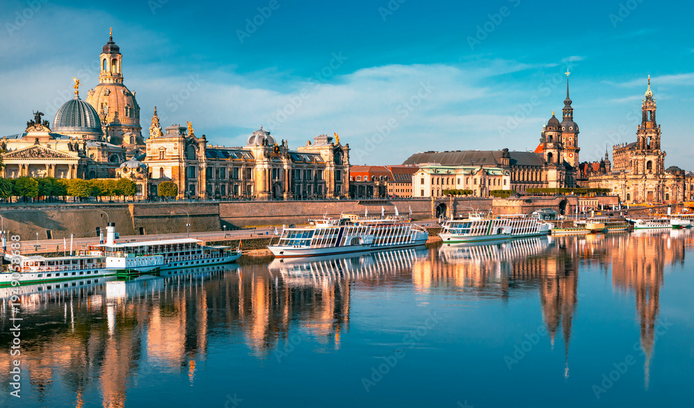 Fototapeta premium Historic Dresden city skyline with baroque architecture and old town buildings along the Elbe River in Saxony, Germany, scenic European cityscape and popular travel destination with cultural heritage