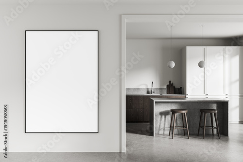 Minimal interior poster mockup with large blank framed template on clean wall beside modern kitchen space for stylish design display. 3D Rendering