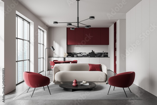 Contemporary interior living room and kitchen space featuring red and white design details with soft daylight illuminating the modern architecture."" 3D Rendering