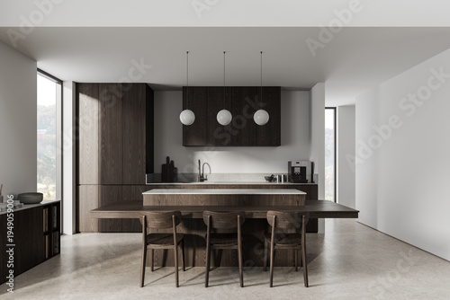 Modern minimalist kitchen interior with wooden cabinets, island, pendant lights, panoramic window view, and serene ambience.."" 3D Rendering