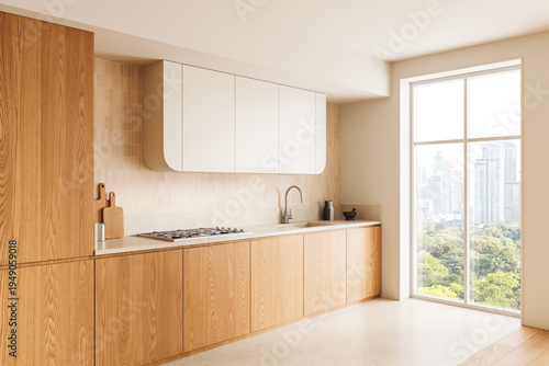 Modern kitchen interior with wooden cabinetry, soft lighting, and large window overlooking city greenery in daylight."" 3D Rendering