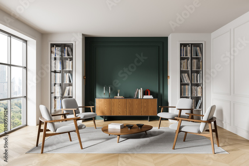 Modern interior living room with midcentury furniture, wooden elements, large windows and built-in bookshelves in elegant architecture.. 3D Rendering