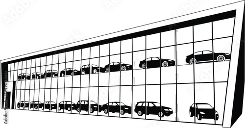 Modern angular car dealership showroom building with glass facade, featuring two rows of vehicles displayed on ground and upper levels, sleek architectural design, and commercial style.