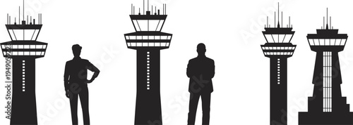 Silhouette collection of diverse air traffic control towers with human figures for scale, showcasing architectural variations in aviation infrastructure and airport design illustration