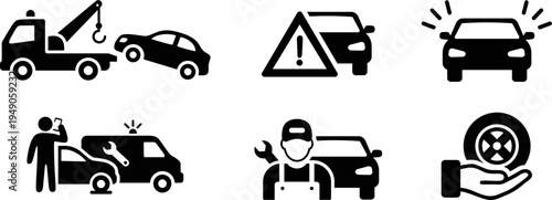 Flat Vector Icon Set of Car Breakdown and Roadside Assistance Services
