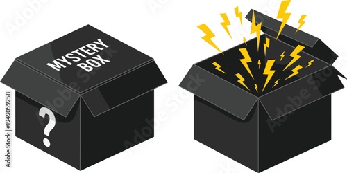 Mystery box concept with question mark and lightning bolts, symbolizing surprise, excitement, hidden contents, and powerful reveal for marketing or storytelling visu
