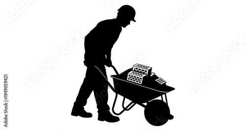 Silhouetted construction worker pushing a wheelbarrow full of bricks high quality