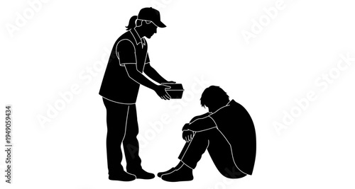 A silhouette depicts a person offering food to someone in distress
