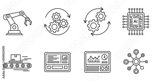 Line art illustration depicting automation artificial intelligence and industrial systems