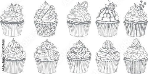 Vector illustration of decorative cupcakes in various designs