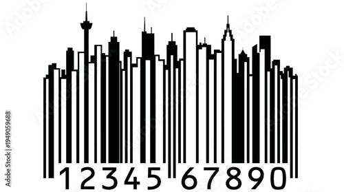 City skyline silhouette formed by a barcode with numbers underneath creating a unique artistic high-key lighting with cutout object