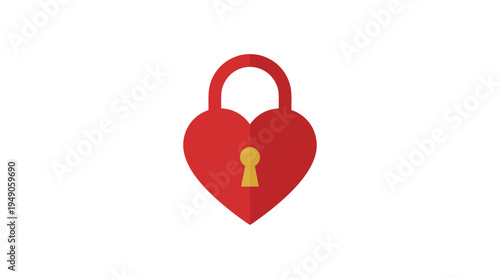 Red heart shaped padlock with a golden keyhole in the center on a transparent background png with transparency