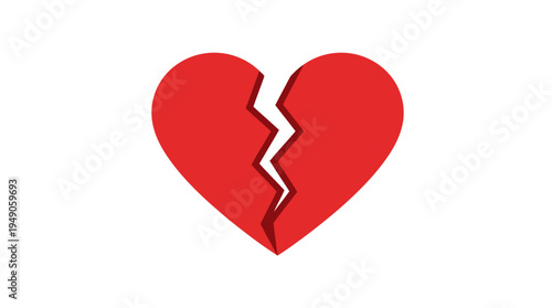 Red heart shape with a crack in the middle symbolizing heartbreak and emotional pain product shot isolated