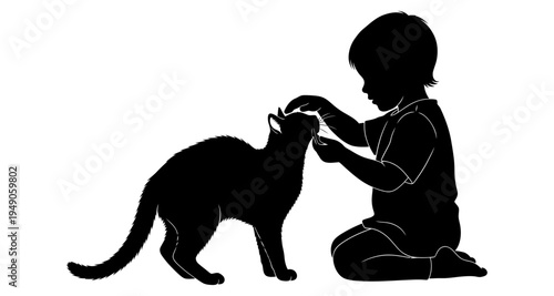 A young child gently interacts with a domestic cat in silhouette
