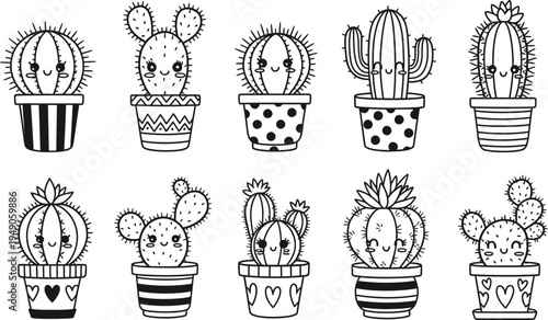 Vector cactus illustrations a collection of prickly plants in pots