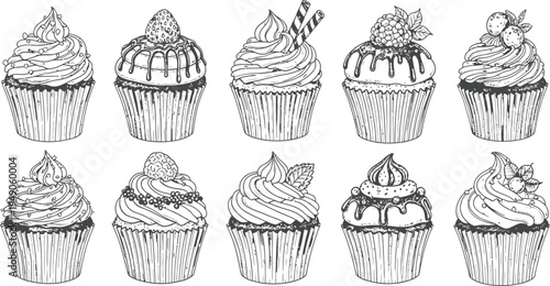 Vector illustration of assorted cupcakes with creative frosting designs