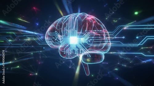 A futuristic brain with glowing circuits and neon lights represents technology advancement in a virtual environment from a side viewpoint.
