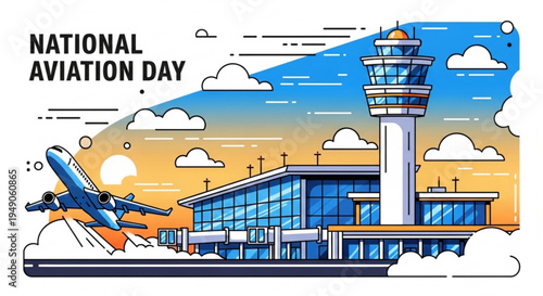 Airplane taking off near airport terminal and control tower on national aviation day