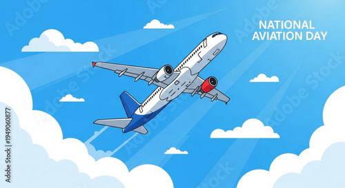 Airplane soars through blue sky with clouds on national aviation day