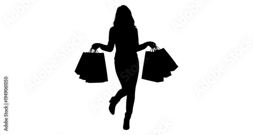 Silhouette of a woman carrying shopping bags isolated on a white background
