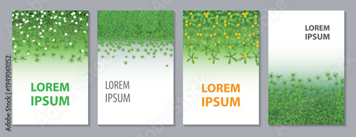 Set of vertical nature banners with green grass, leaves and flowers viewed from top view. Botanical decorative backgrounds with meadow plants, clover, wildflowers and fresh greenery. 