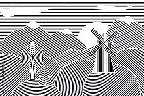 Abstract geometric landscape created with repeating black lines. Stylized scene with mountains, hills, trees and a windmill forming a decorative striped pattern. 