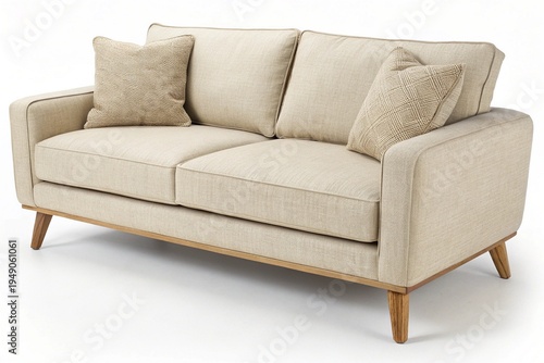 Modern beige sofa with pillows isolated PNG, contemporary couch furniture on transparent background