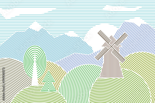 Modern colorful abstract landscape illustration created with striped geometric lines. Stylized scenery with mountain, hill, tree and windmill forming a decorative rural composition. 