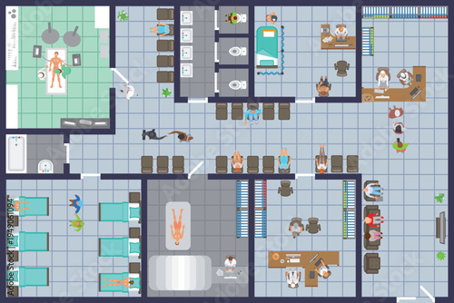 Top view of the hospital. Hospital floor, operating room, patient ward, toilet, waiting room, doctor's office. View from above. Aerial.