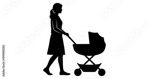 Silhouette of a mother pushing a baby stroller in a simple design