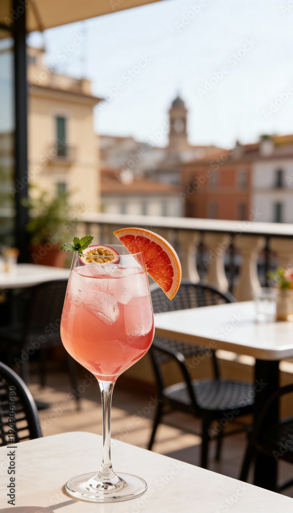 Fototapeta premium Vertical photo of a pink spritz cocktail with grapefruit and passion fruit. Refreshing summer drink on a rooftop terrace overlooking a European city. Aperitivo lifestyle concept