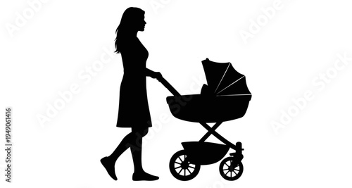 Silhouette of a mother walking with a baby in a stroller