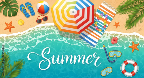 SEO-optimized Adobe Stock title
Colorful Summer Beach Travel Collage Background with “Summer” Text, Umbrella, Sun Hats, Seashells, Starfish, Stripes & Vacation Elements on Vibrant Tropical Theme