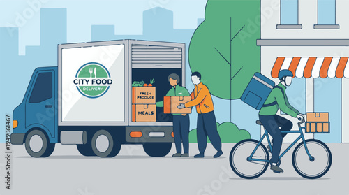 Urban Food Delivery Service: Truck and Bicycle Couriers Unloading Boxes