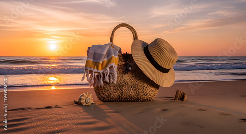 Title: Close-up of a woven straw beach bag on a sandy shore at sunset with waves in the background, summer vacation travel concept and coastal lifestyle backdrop