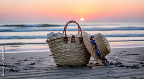 Title: Close-up of a woven straw beach bag on a sandy shore at sunset with waves in the background, summer vacation travel concept and coastal lifestyle backdrop