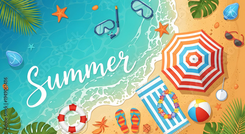 SEO-optimized Adobe Stock title
Colorful Summer Beach Travel Collage Background with “Summer” Text, Umbrella, Sun Hats, Seashells, Starfish, Stripes & Vacation Elements on Vibrant Tropical Theme