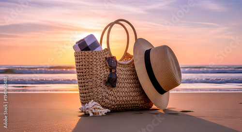 Title: Close-up of a woven straw beach bag on a sandy shore at sunset with waves in the background, summer vacation travel concept and coastal lifestyle backdrop