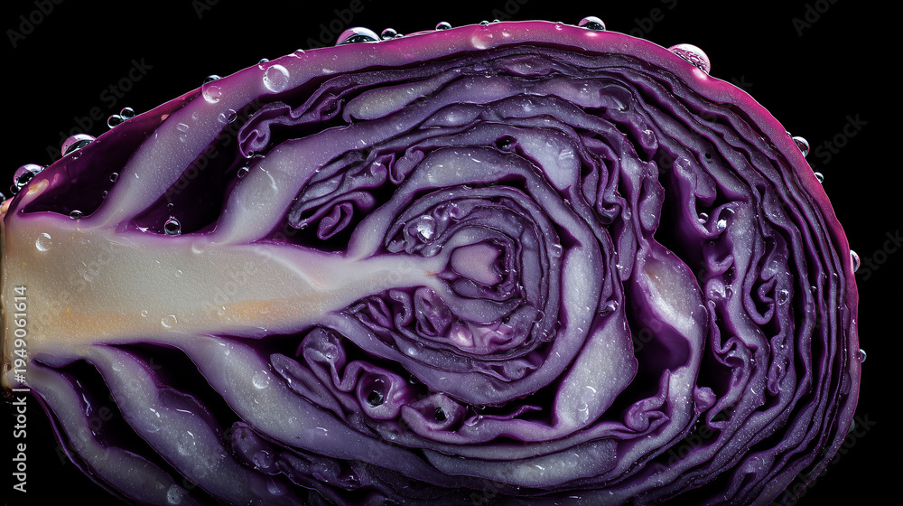 Fototapeta premium 渦模様の紫キャベツ断面クローズアップ / Macro Close-up of Purple Cabbage Pattern