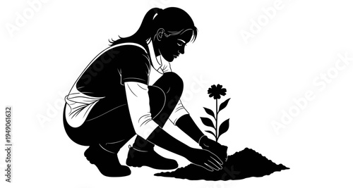 A woman carefully tends to a small flower growing from the earth