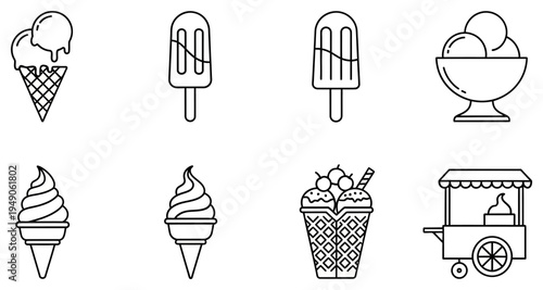 Variety of ice cream treats and a vendor cart in line art