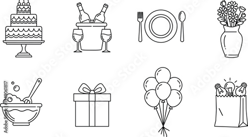 Party celebration line icons set, cake wine balloons gift flowers dinner table elements, festive event outline vector illustration collection