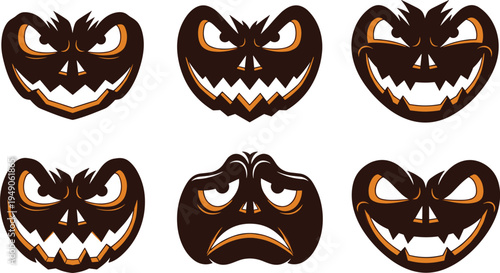 Halloween pumpkin faces set, scary jack o lantern expressions collection, spooky cartoon pumpkins, horror holiday vector illustration icons