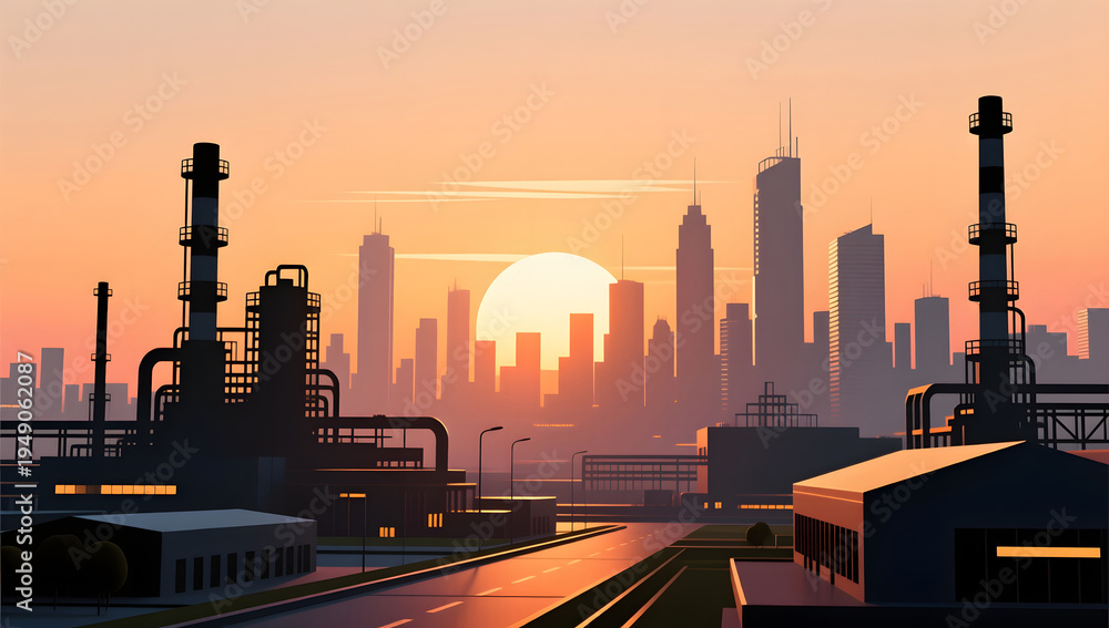 Obraz premium Industrial park silhouette at sunset background