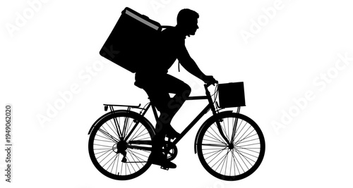 Silhouette of a delivery person riding a bicycle with cargo