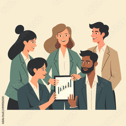 A minimalist illustration of suited individuals. Evokes concepts of teamwork, leadership and corporate strategy. Ideal for presentations, marketing ma