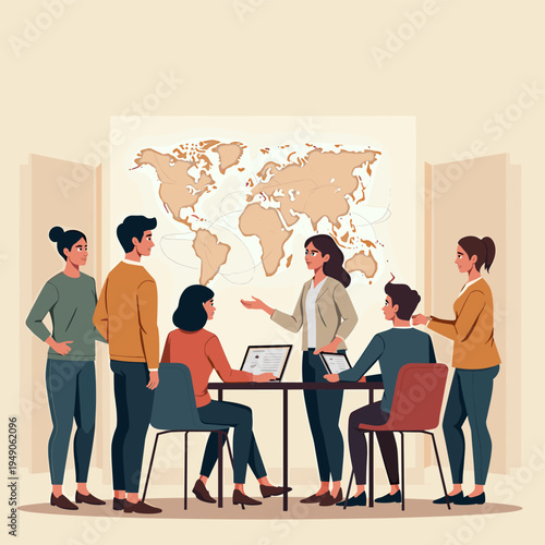 This illustration depicts two professionals in a neutral setting. Perfect for representing teamwork, collaboration, and modern workplace concepts in m