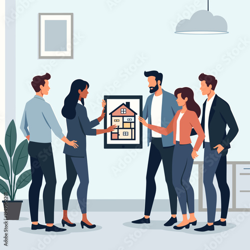 A minimalist illustration depicting the lower bodies of business people near a potted plant, creating a calm and professional mood. Ideal for articles