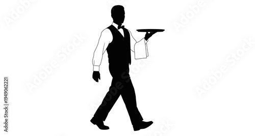 Silhouette of a waiter holding a serving tray in motion